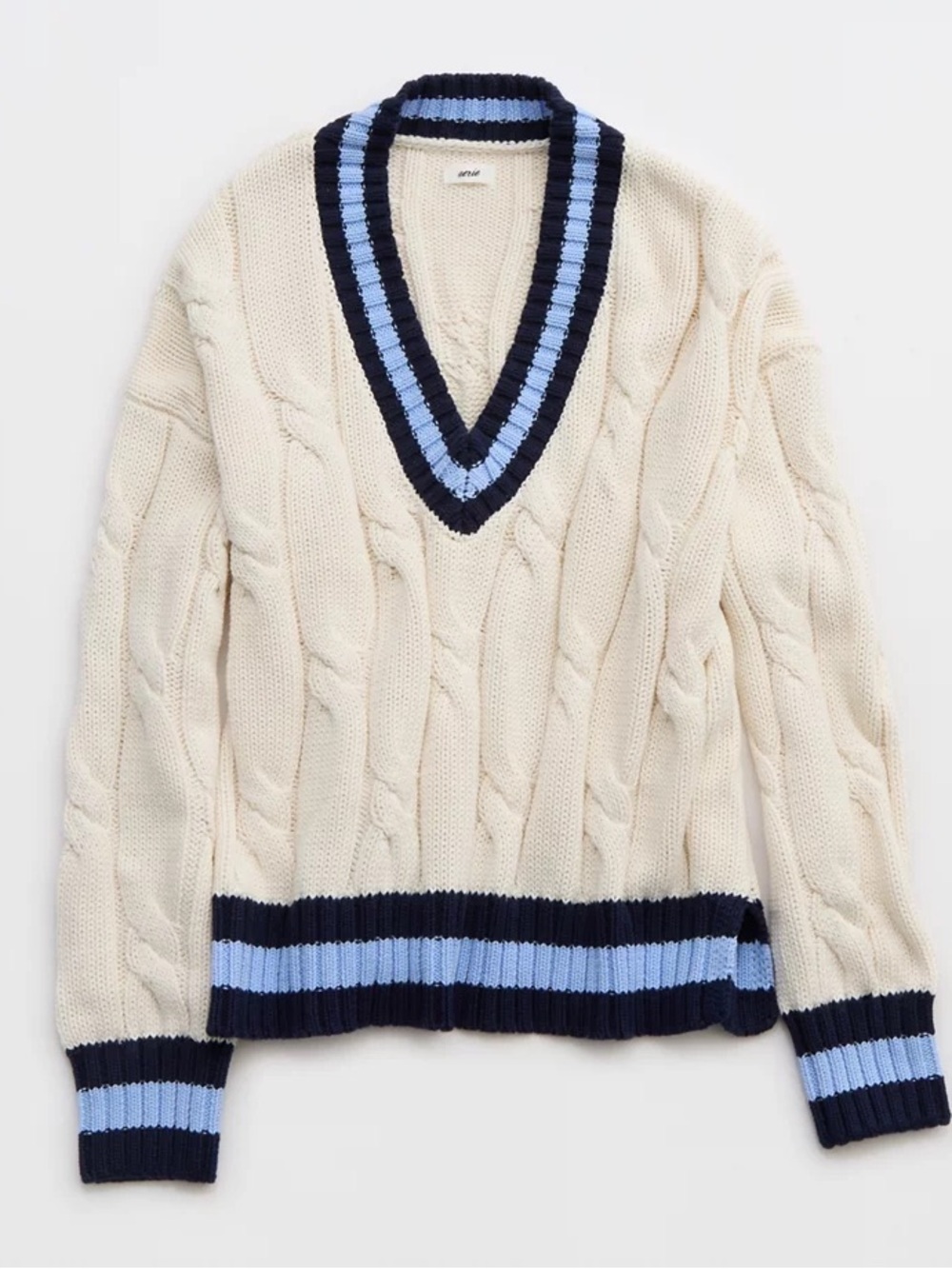 Cream & Blue Cropped Cable Knit V-Neck Varsity Sweater - Picture 4 of 8